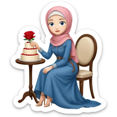 Turkish beautiful finish Konya girl blue eyes with denim hijab long tail dress and sits on the white chair and holds rose cake with her hand  sticker