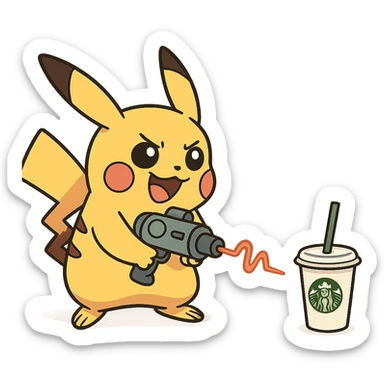 fun and whimsical Pikachu with a shrinking ray pointed at a Starbucks cup sticker