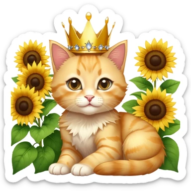 A golden-furred kitten with a mini crown, bold eyeliner, lounging in the sun surrounded by sunflowers and sparkles. sticker