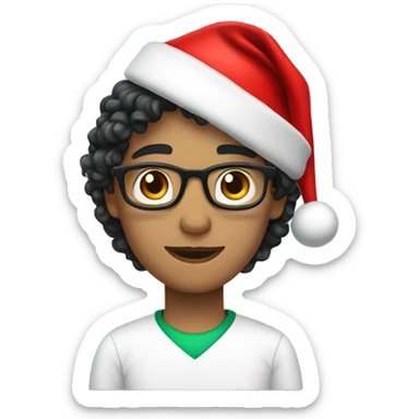 Unisex person ’light skin’ ’short curly dark green hair’ in a ’red Santa hat’ and black teacher  sticker