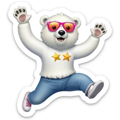 friendly anthropomorphised polar bear leaping with excitement, wearing a shirt, jeans, trainers, oversized colorful star glasses sticker