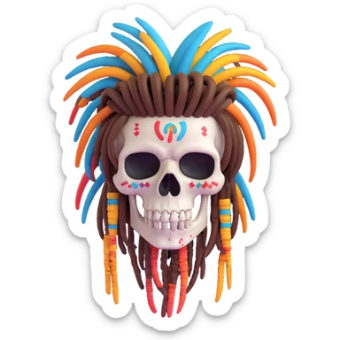 3D cartoon skull with colorful dreadlocks, exaggerated features sticker