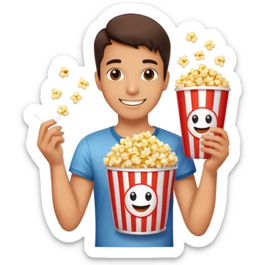 Person watching a movie with a happy face, holding popcorn bucket, cinema lights reflected on face sticker