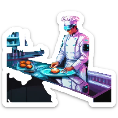 A sleek cyborg baker using holographic ingredients and laser precision. The kitchen is a fusion of chrome, glass, and neon. Interface elements float like holograms, with glowing edges, translucent layers, and tactile feedback illusions. sticker