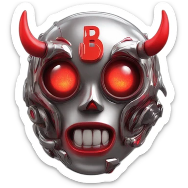 3d glitch chrome demon, red lazer eyes with letter B on the face, 3d, portrait sticker