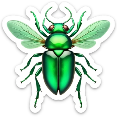 Cinematic Noble Green Bugdie Portrait Emoji, Poised and regal, with a tiny, delicate build and a vibrant, well-detailed emerald exoskeleton, deep-set soulful multifaceted eyes, Simplified yet sharp and sophisticated features, highly detailed, glowing with a soft, dignified glow, high shine, intelligent and alert, stylized with an air of miniature majesty, focused and attentive, soft glowing outline, capturing the essence of a watchful and confident insect, so majestic it feels as though it could scuttle out of the screen with effortless authority! sticker