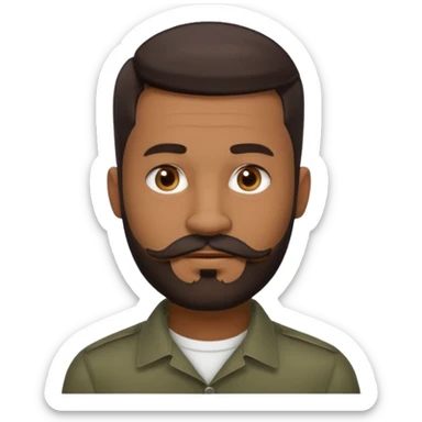 man with an oval face, medium-dark skin tone, short dark hair with a fade cut on the sides and volume on top, dark brown eyes, medium straight nose, full lips, full well-trimmed beard with connected mustache, small earring in left ear sticker