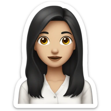 A girl with long black hair, brunette, wearing a white shirt, and brown eyes sticker