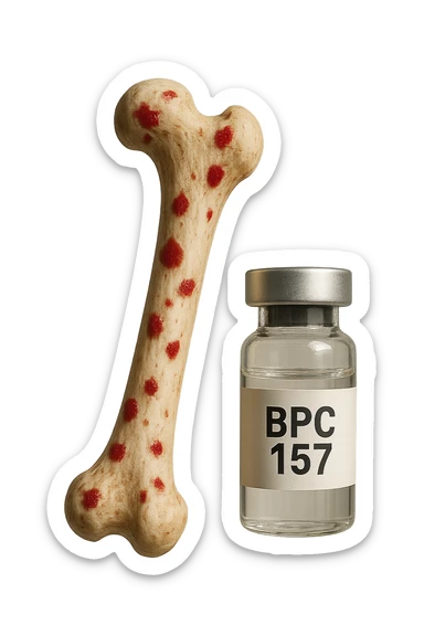 osso umano con red spot fluttua insiema a fiala medica con la scritta "BPC 157" SULL'ETICHETTA, iperrealistiche 4k sticker
