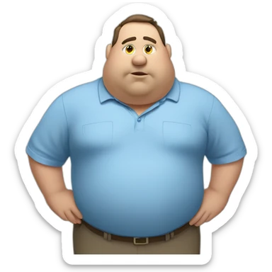 fat man in a blue shirt standing in front of a whiteboard sticker