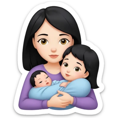 girl with black hair hugs a newborn baby and a girl sticker