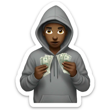 young hustler in hoodie with angry eyes holding lots of English pound notes in both hands  sticker