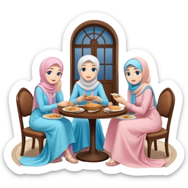 Turkish beautiful finish Konya girls blue eyes with pastel hijab long tail dress and the two friends sits on the chair on the ground and eating the food in the restaurant  sticker