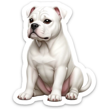 cinematic-[solid white american bulldog]-realistic-full-body-sitting-emoji,-tail-resting-loosely-beside-its-paws,-head-tilted-dramatically,-sleek-[solid white]-fur,-simplified-yet-realistic-focused-features,-highly-detailed,-glowing-with-an-almost-sarcastic-glow sticker