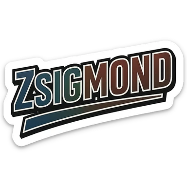 The name 'Zsigmond' in a masculine, modern, gradient font with precise Hungarian characters, dark contour, extra wide and prominent white letter border as in sample images, dynamic slanted underline, masculine color shades including blue, gray, burgundy, green, and brown, 1000x1000 px, PNG, transparent background. sticker