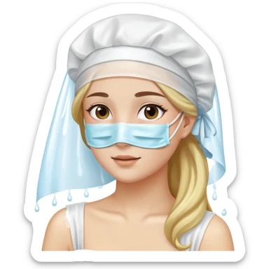 A beautiful girl with long hair wears a face mask and a white shower cap sticker