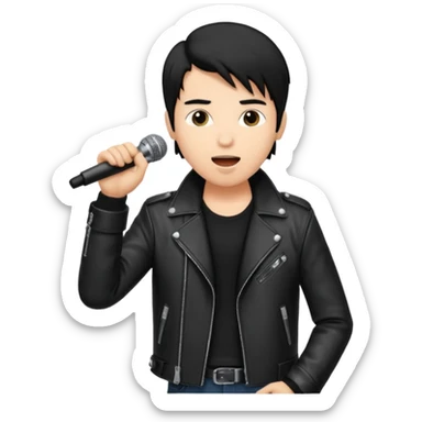 A cool male singer in leather jacket, singing into a standing microphone. sticker