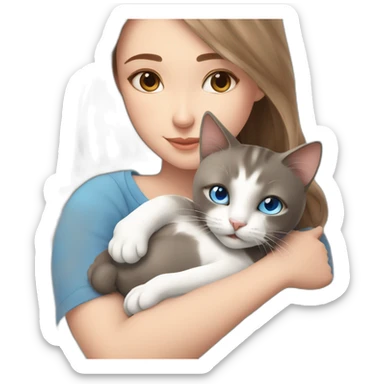light gray, blue eyed cat cuddles brown highlighted colored girl sticker
