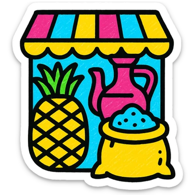 A vibrant icon of a marketplace with various international goods sticker