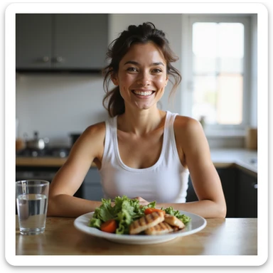 Smiling woman with healthy appearance and balanced physique, sitting at a table with a plate rich in vegetables and lean proteins, glass of water, bright atmosphere, hyperrealistic 4K details, modern kitchen. Variant 2. sticker