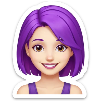 A girl with vibrant purple hair, smiling face sticker