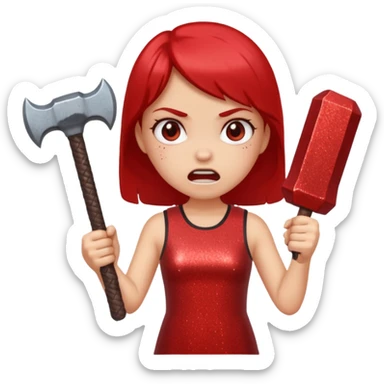 red glitter angry girl with a giant hammer sticker