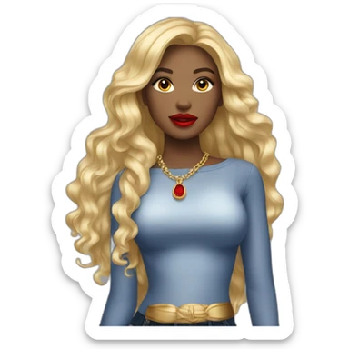 woman, big blonde long hair, gold jewerly, red lipstick sticker