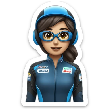 Piloto mulher de kart morena com macacão da cor preto com detalhe azul escuro e capacete branco com detalhe azul escuro sticker