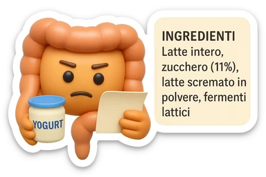 EMOJI STILE IPHONE 3D DI UN INTESTINO CHE HA IN MANO UN BARATTOLO DI YOGURT CONFEZIONATO DA SUPERMERCATO E LEGGE L'ETICHETTA NUTRIZIONALE CON GLI INGREDIENTI IN ITALIANO, ACCANTO ALLO YOGURT CHE HA IN MANO C'è UN FOCUS SULL'ETICHETTA CON GLI INGREDIENTI SCRITTI sticker