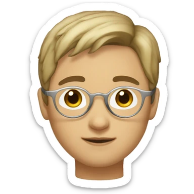 Short dark blond hair, dark eyes, round silver glasses, round nose sticker