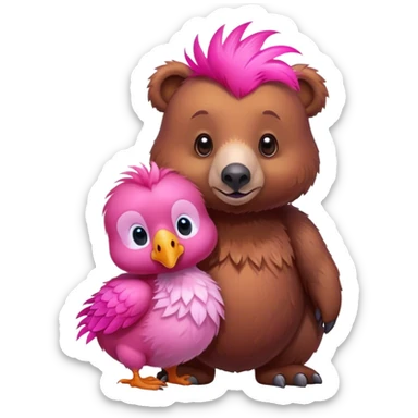 A cute brown bear and a realistic cute pink dodo closely together sticker