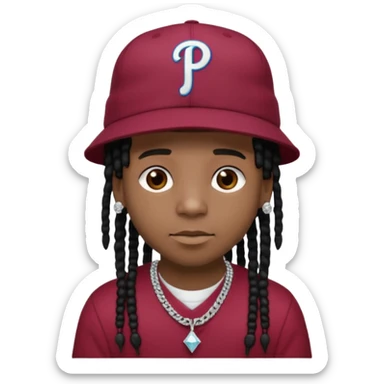 Black boy with short black dreads and a burgundy Phillies hat with a diamond chain that says MOB sticker