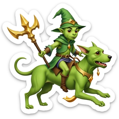 A goblin wizard riding a hound dog  sticker