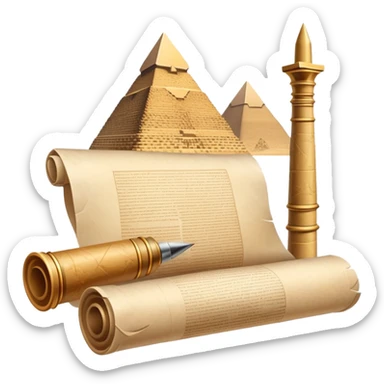 An icon showing a rolled parchment scroll, a quill pen, and ancient landmarks like pyramids and columns in the background. The design symbolizes the study of past civilizations, events, and heritage. Transparent background emphasizes the timeless exploration of human history. sticker