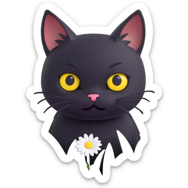 3D iOS 18 style illustration of a cute black cat with big yellow eyes peeking out from a grassy field, a white daisy flower on its head, surrounded by scattered white and yellow flowers, modern, soft, playful look sticker