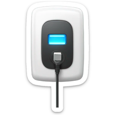 ev charger with a squircle shape and a led ring in front with a charging plug danglig  sticker