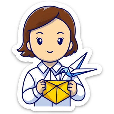 Ukrainian young girl with brown hair wearing a white embroidered shirt holds an origami yellow-blue crane sticker