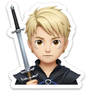Way cooler with aura very aura and shadow on his face and adult face body Create me an anime character boy emoji looking very cool with swords on his hand sticker