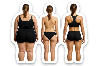 fai una donna di spalle in gym shorts leggermente sovrappeso e con cellulite e accanto una seconda donna di spalle magra (che è dimagrita post dieta) e accanto una terza donna in forma allenata e con le giuste proporzioni, l'immagine deve rappresentare il processo: da donna grassa, a donna piatta e magra, a donna allenata e in forma con i giusti muscoli, iperrealistico 4k sticker