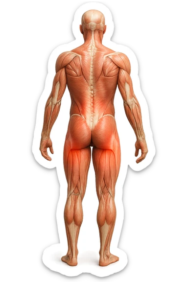 CORPO UMANO ANATOMICO A FIGURA INTERA REALISTICO DI SPALLE CON DOLORE ALLA LOMBARE INFIAMMATA, DOLORE ALL'ANCA, IPERREALISTICO 4K sticker