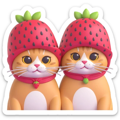 A pair of cats side by side, each adorned with a strawberry hat sticker