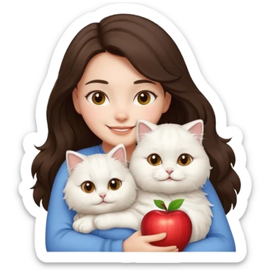 brunette girl hugging a fluffy white Persian cat, both smiling, apple emoji style sticker