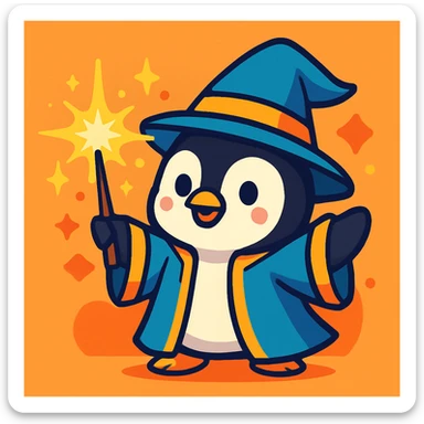 a cute penguin wizard casting a sparkling spell, wearing a robe and hat, in a colorful cartoon style sticker