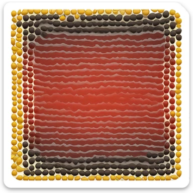Wavy red and black rectangle with a yellow circle in the centre  sticker
