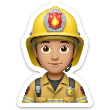 3D cartoon-style firefighter in the Apple emoji style, wearing a bright yellow helmet and fireproof uniform, front-facing, soft lighting, white background. sticker
