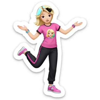 Hiphop dancer, with cute big pants, sneakers, and t-shirt. White girl blond. Coloufull shirt. No pocket pants. Dancing. Pink and black plain outfit. No sweatbands on the wrist, black music box behind her. sticker