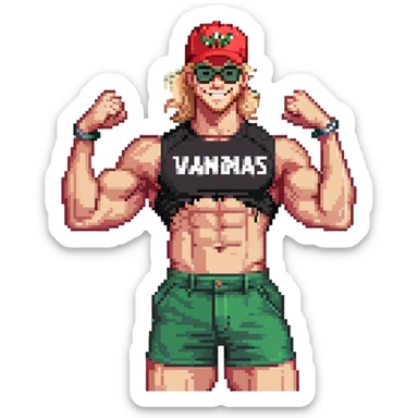 Man with black and white cap that says VANOMAS, bare muscular torso, red shorts, clear glasses, messy blond mullet hairstyle, flexing muscles and smiling sticker