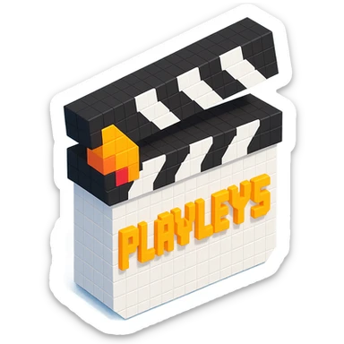 voxel style movie clapperboard with the text 'PLAVLEYS', white body, black lid, isometric view sticker