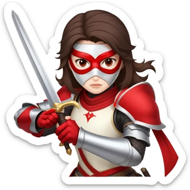 Brunette sword fighting assassin with a mask and white and red armour sticker