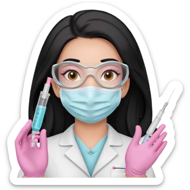 laboratorista con guantes rosa pastel y mascarilla rosa pastel jeringa tubo laboratorio sin lentes pelo lacio negro y largo sticker